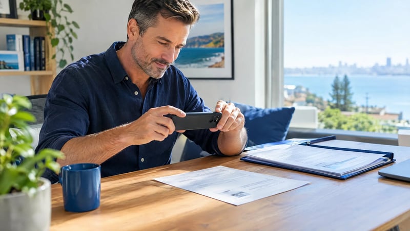 A man photographing a pathology report with his phone at his desk