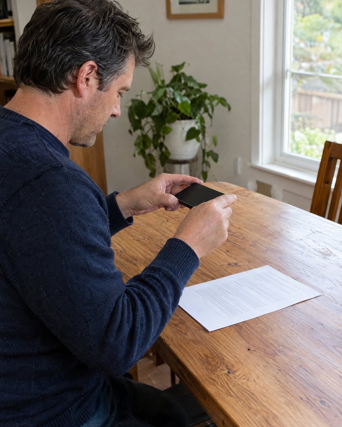A man photographing a letter with his phone at the kitchen bench