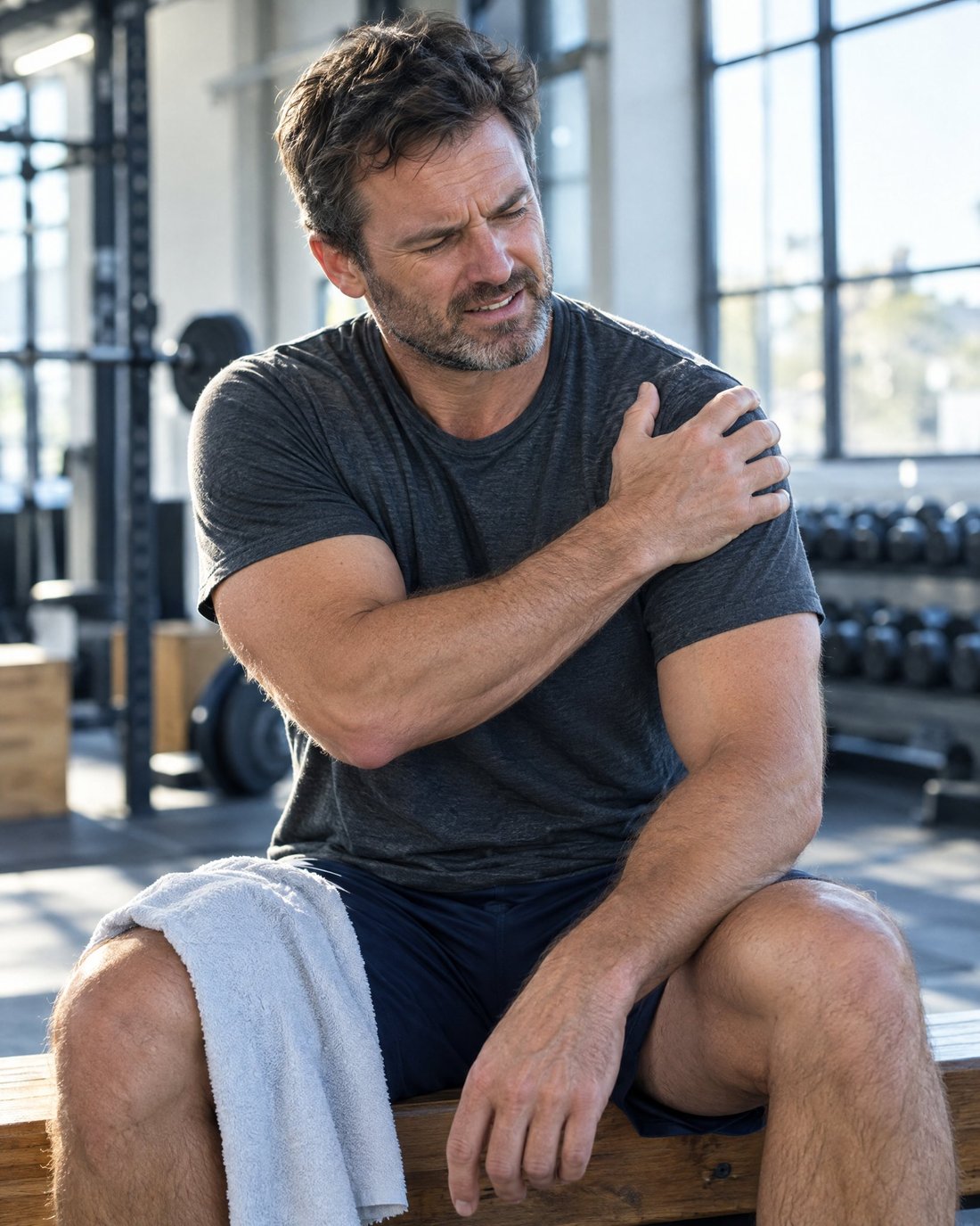 A man on a gym bench after training, rubbing his sore shoulder