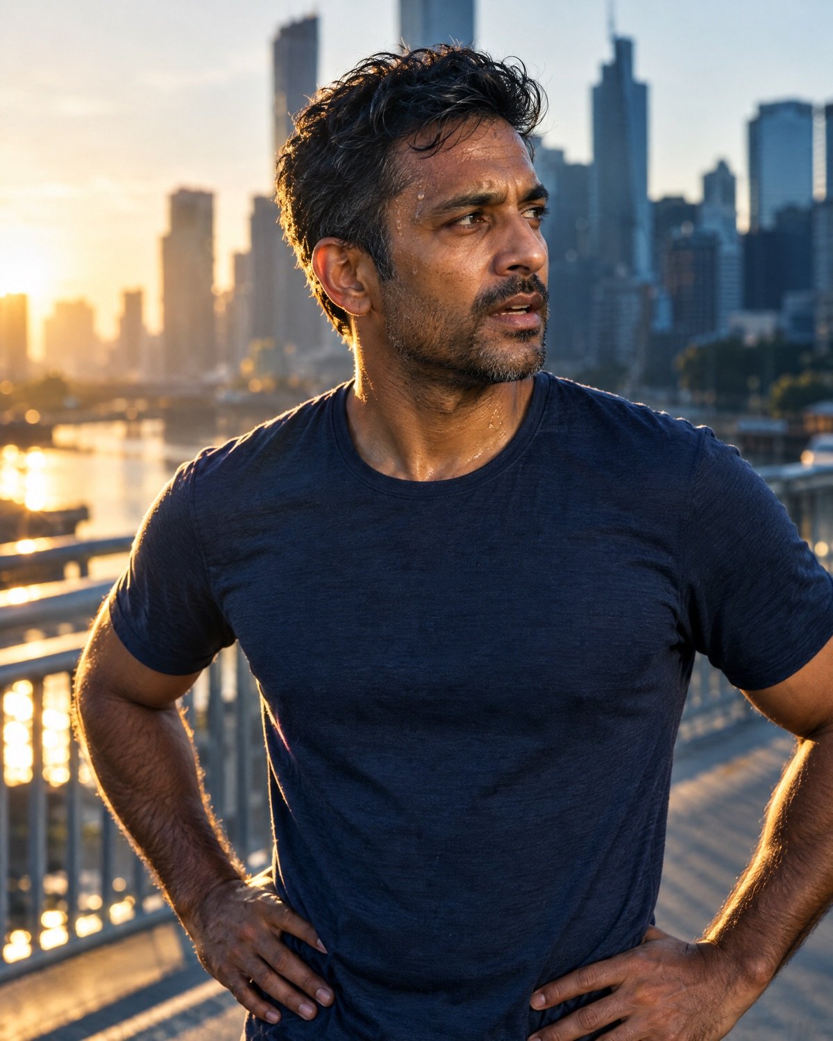 A man catching his breath on a city bridge at sunrise