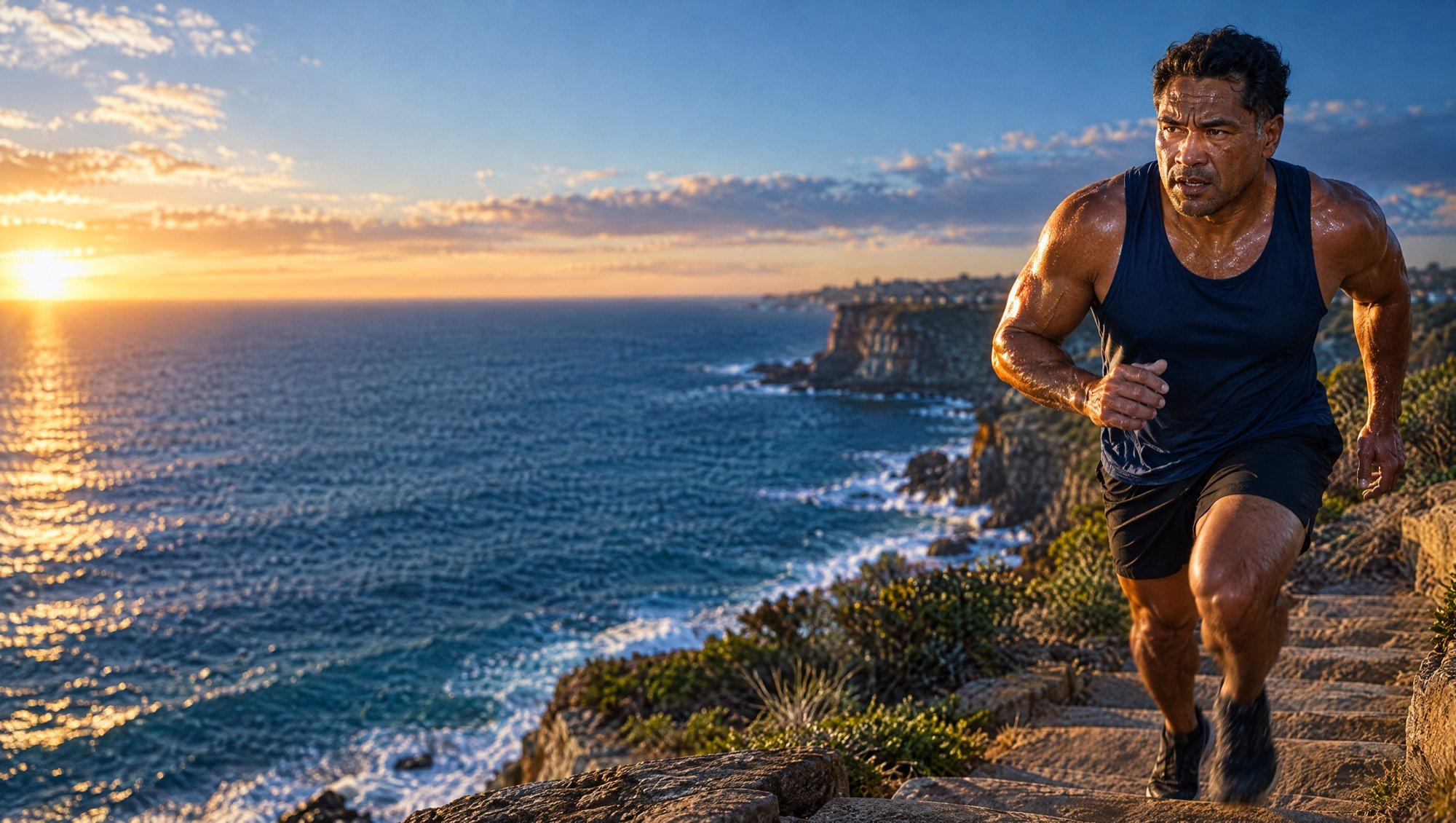 A man running along a coastal clifftop at sunrise
