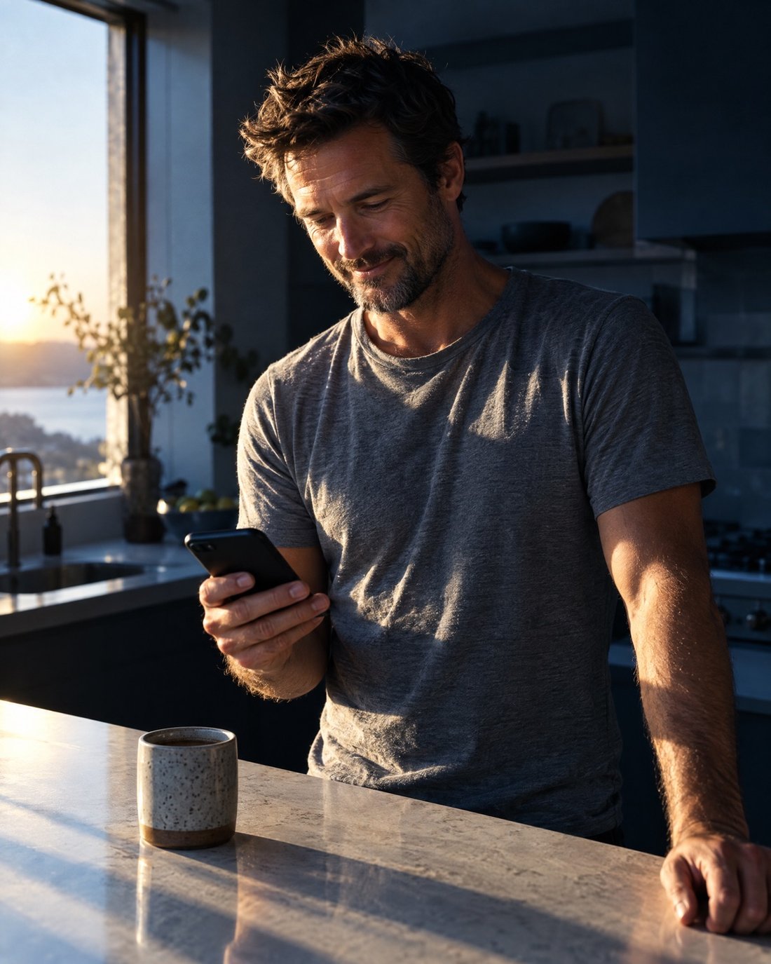 A man smiling at his phone in a bright kitchen