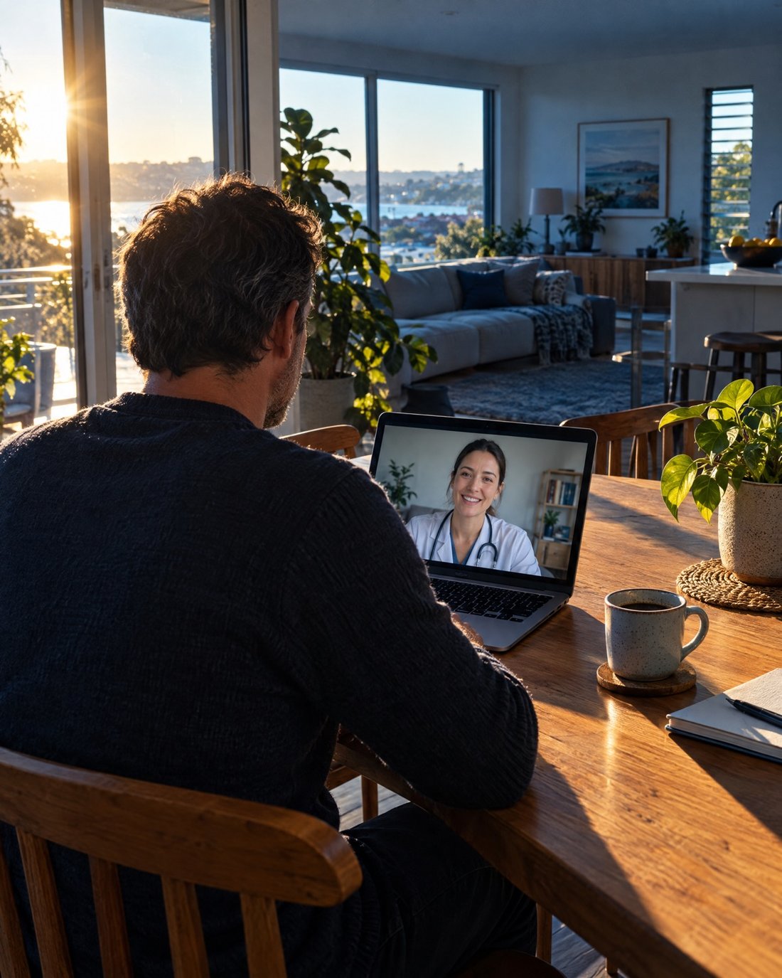 A man talking with a doctor from home