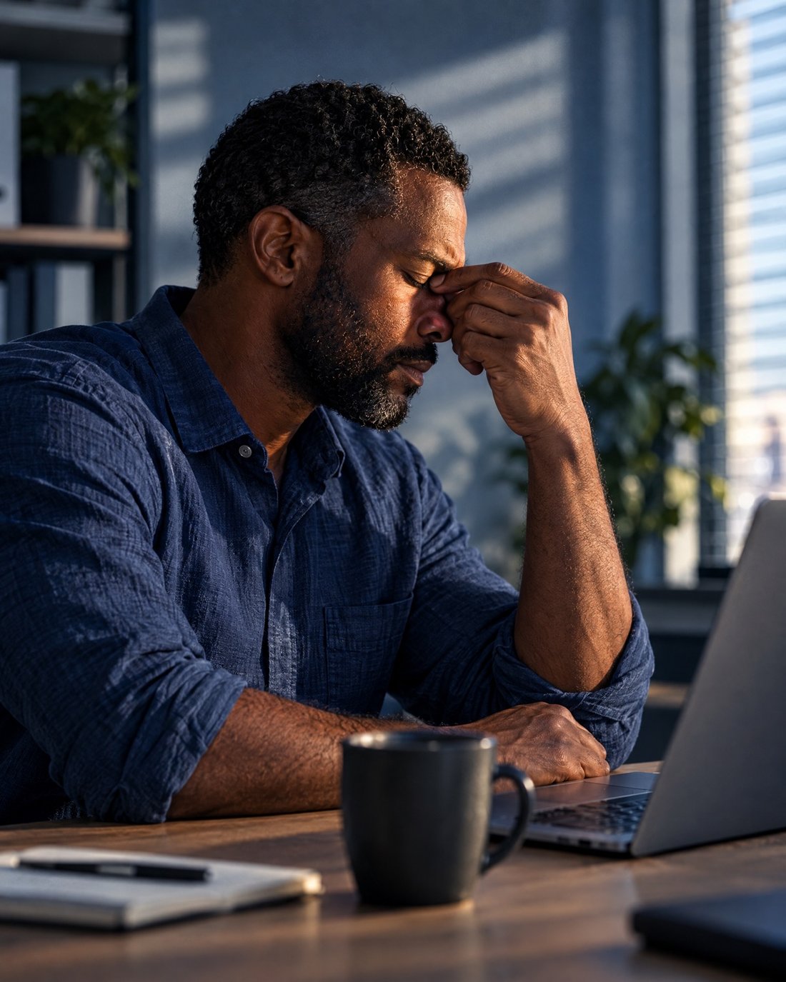 A tired man pinching the bridge of his nose at his desk in the afternoon