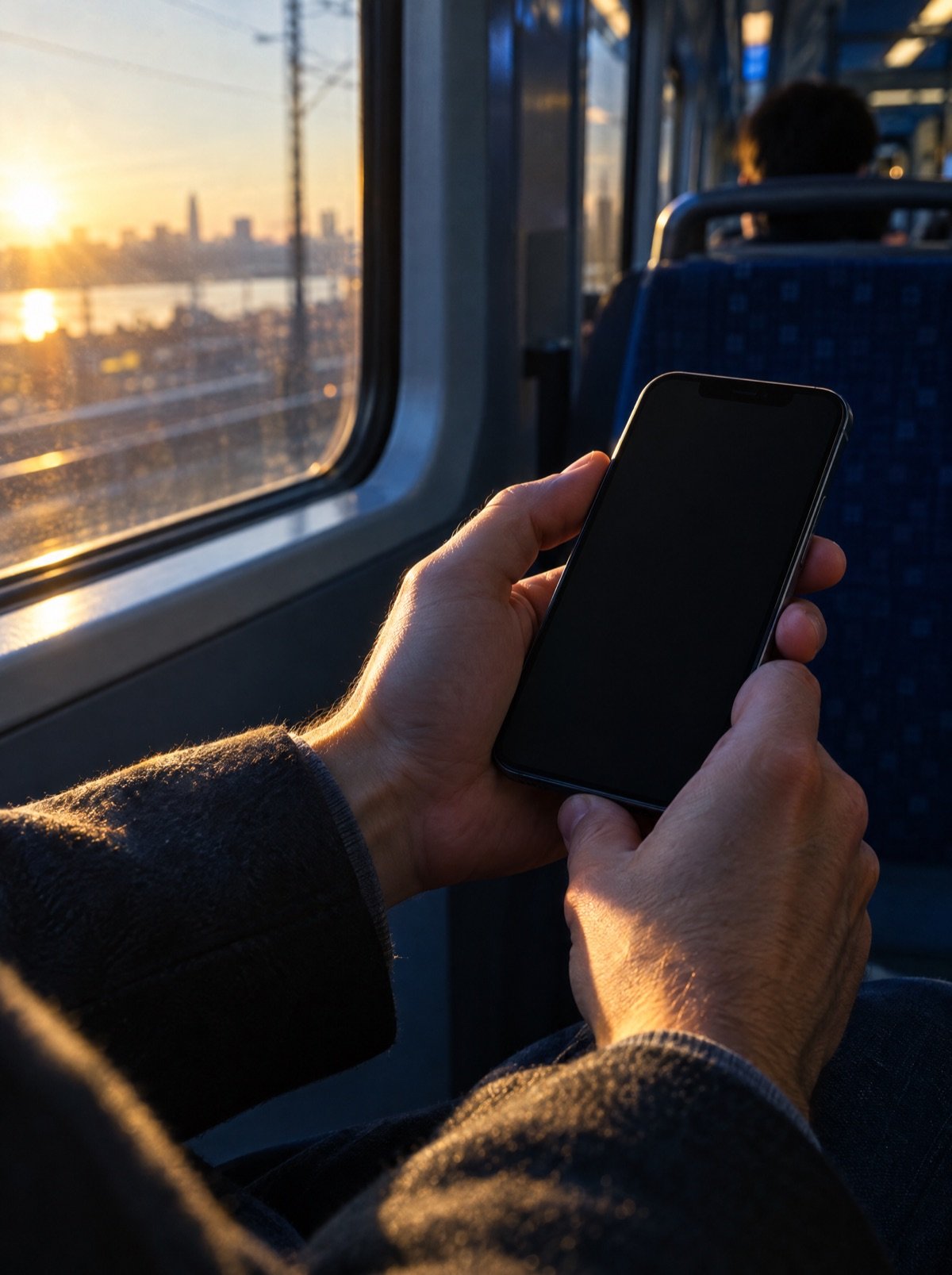 A man reading on his phone on a train at sunrise